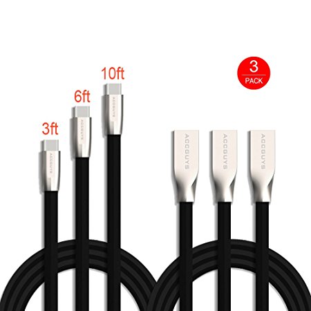 Type C Cable,ACCGUYS 3Pack 3ft 6ft 10ft Diamond-shaped Rhombus TPE Tangle Free Zinc Alloy Cable USB 3.0 Charger Sync Data & Charging Cable for Nexus 6P/5X, LG G5, OnePlus 2 and More (Black)