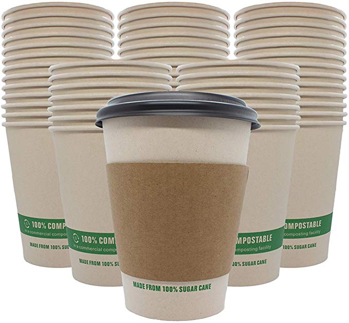 Disposable/Compostable Coffee Cups, TREE FREE, 100% Sugar Cane Cups, with Lids and Hot Sleeves | [100 Set - 12 Ounce] Eco Friendly, Leak Proof, Perfect for Hot & Cold Drinks On-The-Go