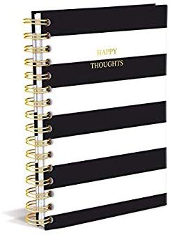 Graphique Classic Charm Hard Cover Journal w/ Elegant Black and White Stripes & "Happy Thoughts" in Embellished Gold Foil Across the Cover, 160 Ruled Pages, 6.25" x 8.25" x 1"