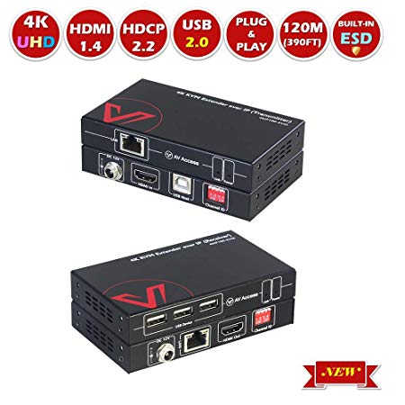 AV Access 4K HDMI USB KVM Extender TCP/IP Over Single Cat5e/6 up to 120M(390ft), 1080P@120Hz, Plug & Play，Keyboard & Mouse Ethernet Network, 3 Ports USB2.0 Hub, DIP Switch up to 16 Sets, HDCP1.4