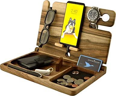 Natural Walnut Eco Wood Cell Phone Stand Watch Holder. Foldable Men Device Dock Accessory Organizer. Mobile Base Nightstand Charging Docking Station. Wooden Storage Funny Bed Side Caddy Valet Birthday