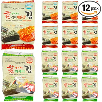 Premium Crispy Seaweed Snack, Pack of 12, 0.17-oz Variety Pack, 6 Pack of Kimchi Spicy, 6 Pack of Wasabi Flavor, 100% Natural Crispy Healthy Snacks Sheet bu Unha's Asian Snack Box