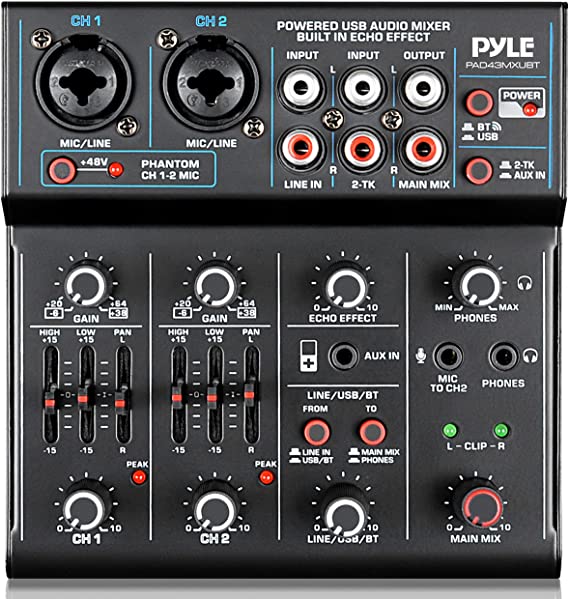 Professional Wireless DJ Audio Mixer - 4-Channel Bluetooth DJ Controller Sound Mixer - USB Audio Interface, 2 Combo Jack XLR 6.35mm Mic/Line/Guitar In, 3.5mm, RCA AUX, Headphone Jack - Pyle PAD43MXUBT