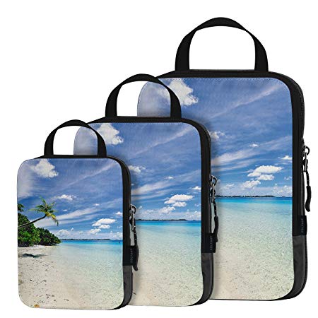 Travel Packing Cubes – 3 pcs Various Size Travel Organizer Luggage Compression Cube System (Beach)
