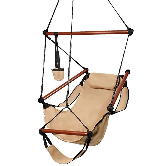 Z ZTDM Hammock Hanging Chair, Air Deluxe Sky Swing Seat with Pillow and Drink Holder Solid Wood Indoor/Outdoor Garden Patio Yard 250lbs (Tan)