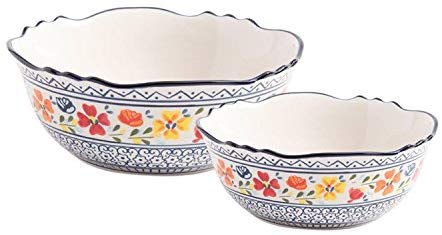 Gibson Elite 92996.02R Luxembourg Handpainted 8" & 10" Serving Bowls, Blue and Cream w/Floral Pesigns