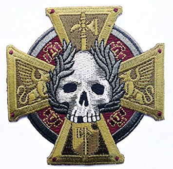 [Single Count] Custom, Cool & Awesome {3.5" x 3.5" Inches} w/ Embroidered Crusader Cross Skull Symbol Celtic Axe Morale Badge Design (Emblem Type) Velcro Patch “Red, Gray, White, Black & Gold”