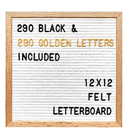 12"x12" Premium White Felt Letter Board with 290 Black and EXTRA 290 Gold Characters included | 100% Oak Wood Frame | Free canvas letter bag - by Hippo Creation