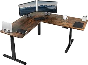 VIVO Electric Height Adjustable 67 x 60 inch Corner Stand Up Desk, 2 Rustic Vintage Brown Solid Table Tops, Black Frame, Memory Controller, L-Shaped Workstation, 3E Series, DESK-KIT-3E6N