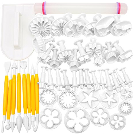 H&S 50pcs Cake Decorating Tools Fondant Icing Cutters Sugarcraft Tools Kit Plunger Cutters Rose Flower Leaf Moulds Set Cup Cake Icing Smoother Rolling Pin Equipment Accessories