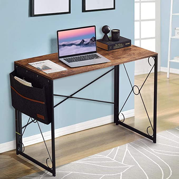 VECELO Writing Computer Folding Desk/Sturdy Steel Laptop Table with Storage Bag for Home Office Work,Rustic Brown