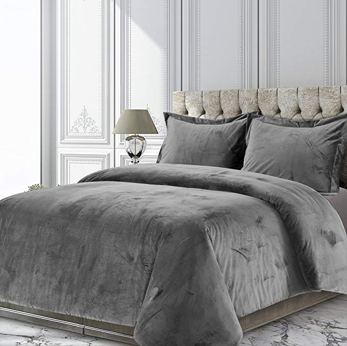 Tribeca Living VENICEDUVETTWGR Venice Velvet Oversized Solid Duvet Set, Twin, Smoke Grey