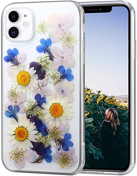 AHTONG iPhone 11 Flower Case, Girls Floral Design Pressed Dry Real Flowers Case [Drop Protection] Soft Clear Flexible Rubber Bumper Cover for iPhone 11 (Daisy Blue)