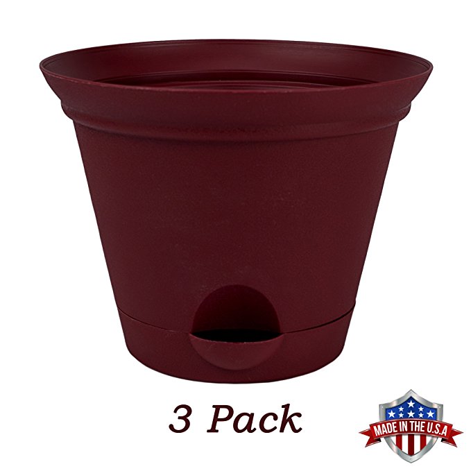 3 Pack 11.5 Inch Salsa Red Plastic Self Watering Flower Pot or Garden Planter
