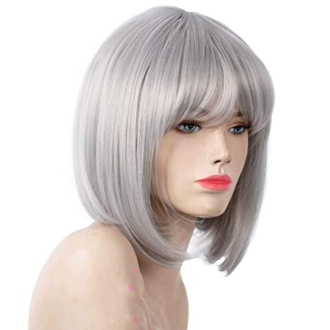 Annivia Silver Gray Short Bob Wig for Women 12'' Heat Resistant Synthetic Straight Wigs with Bangs Halloween Cosplay Party Wig Natural As Real Hair (Grey)