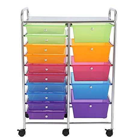 Finnhomy 15-Drawer Rolling Cart,Storage Rolling Carts with Semi-transparent Mutli Color Drawers, Organizer Cart for School, Office, Home, Beauty Salon,Utility Cart with Wheels