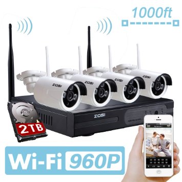 ZOSI 960P AUTO-PAIR WIRELSS SYSTEM 4 *1.3 Megapixel 960P HD Wireless Outdoor IP Network Home Surveillance Camera System with 4CH 960P Security NVR Wifi Kit with Free APP for iPhone 2TB Hard disk