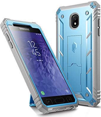 Galaxy J3 2018 Kickstand Rugged Case, Poetic Revolution Full Body Case with Built-in-Screen Protector for Samsung Galaxy J3 Orbit/J3 Star/J3 V 3rd Gen/J3 Achieve/Express Prime 3/Amp Prime 3 Blue