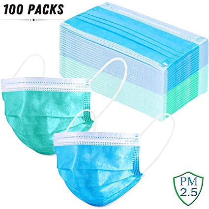 100 Pack Disposable Hypoallergenic Face Masks with Earloop, Anti Dust Bacterial Virus, Perfect for Medical, Industry and Catering, Blue and Green