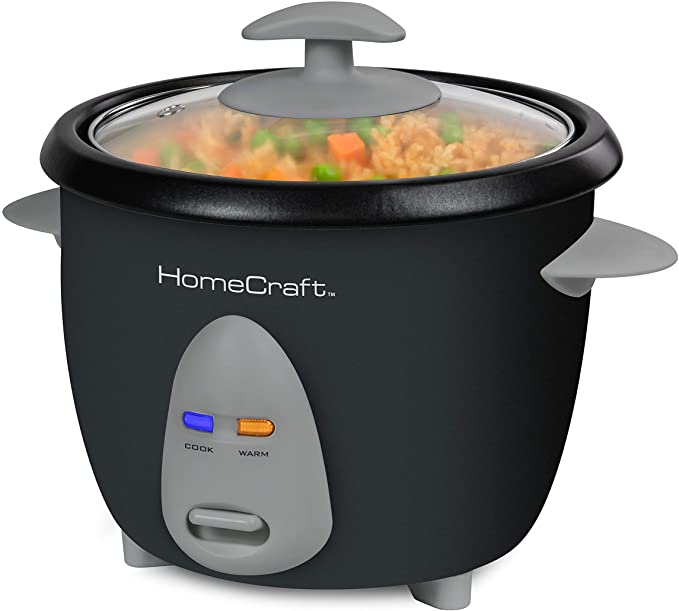 HomeCraft HCRC6BK 6-Cup Cooked (3 Uncooked) Rice Cooker & Food Steamer, One Touch Operation, Warm Mode, With Measuring Cup & Spatula, Perfect For White, Brown, Long Grain, Wild