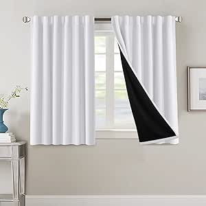 H.VERSAILTEX 100% Blackout Curtains for Bedroom with Black Liner Full Room Darkening Curtains 45 Inches Long Thermal Insulated Back Tab/Rod Pocket Window Drapes for Living Room, 2 Panels, Pure White