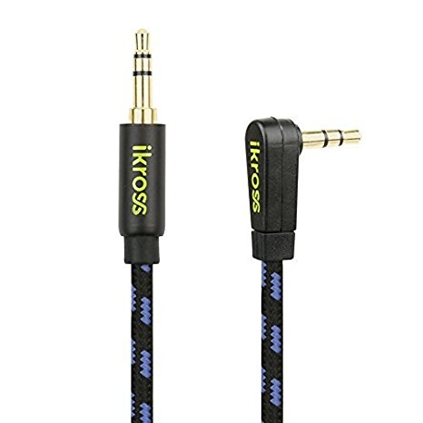 iKross Angled 6ft 3.5mm Jack Braided Sleeve Jacket Stereo Auxiliary Aux Audio Cable with 90 degree Angled - Black / Blue