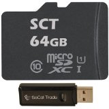 SCT 64GB MicroSD XC Class 10 UHS-1 Ultimate Extreme Speed MicroSDXC Flash Memory Card 64G 64 GB GIGS MF64RT550 with MicroSD to SD Adapter and SoCal Trade SCT Dual Slot USB 20 Memory Card Reader - Retail Packaging