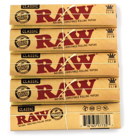 5 booklets x RAW CLASSIC King Size Slim UNREFINED Natural rolling paper