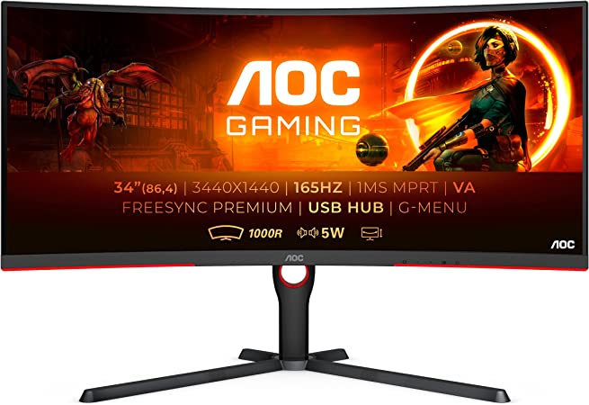 AOC Gaming CU34G3S - 34 Pouces QHD Moniteur incurvé, 165Hz, 1ms, VA, FreeSync Premium, réglable en Hauteur, USB Hub (3440x1440 @ 165Hz, 300 CD/m², HDMI 2.0 / DP 1.4 / USB 3.2)