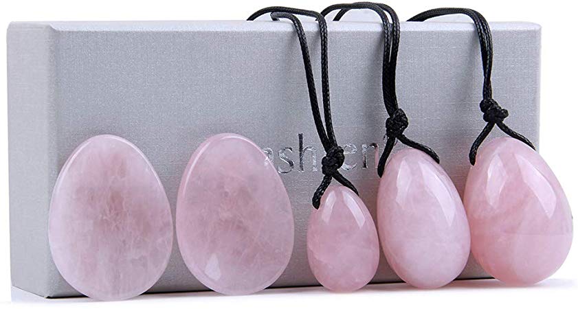 Banshren 5 Piece Rose Quartz Healing Crystals Set, 3 Rose Crystal Quartz Drilled Eggs in Graduated Sizes for Kegel Exercise or Vaginal Training (Small, Medium, Large) & 2 Worry Stones for Meditation