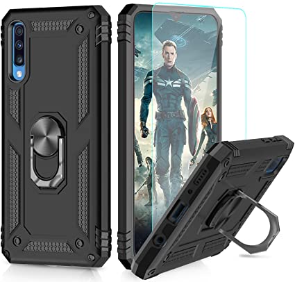 LeYi for Samsung Galaxy A50 Phone Case with Screen Protector, Military Grade Full Body Shockproof Silicone TPU Hybrid Bumper Armor Protective Cover with Ring Holder for Samsung Galaxy A50 Black