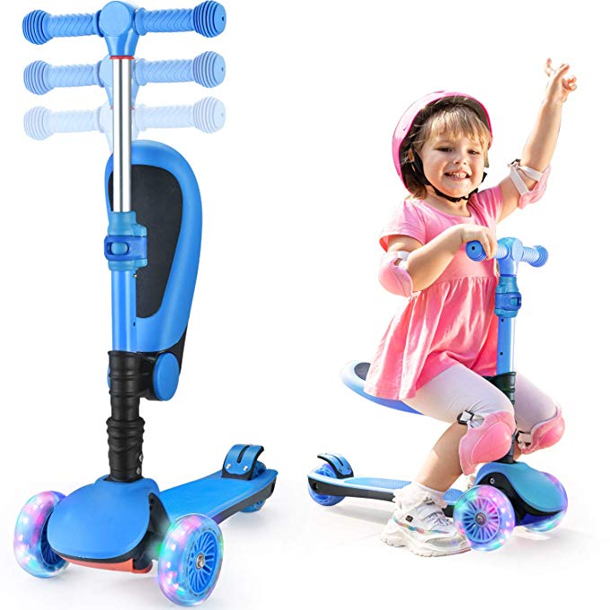 AOODIL Kick Scooters for Kids 2-in-1 Adjustable 3 Wheel Scooters for Kids Toddlers Girls & Boys with Folding Seat-Kids Scooter with PU Flashing Wheels for Children 2 to 14 Year-Old