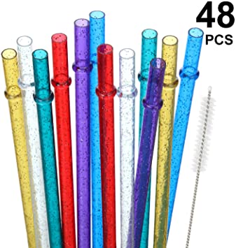 48 Pieces 11 inch Reusable Plastic Straws Without BPA, Colorful Glitter Straws for 40/30/24 oz Jar and Tumblers, with Cleaning Brush Straws Cleaner (Gold, Dark Blue, Purple, Red, White, Green)