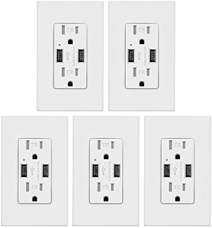 Outlet with USB High Speed Charger 4.2A Charging Capability, Childproof Safety Duplex Receptacle 15Amp, Tamper Resistant Wall Socket Plate Included UL Listed bekca (4.2A USB Outlet 5 Pack)