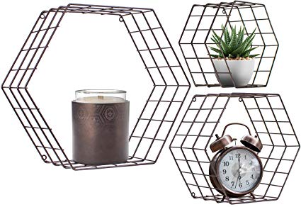 Sorbus Floating Hexagon Shelves - Wall-Mounted Geometric Metal Wall Décor for Photos (Metal Hexagon - Bronze)