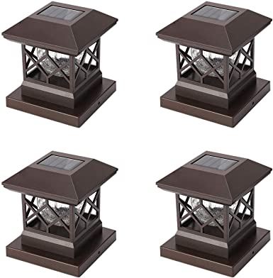 Twinsluxes Fence Post Cap Light, LED Solar Lights for Deck Posts, Solar Post Caps Light Outdoor for 3.5x3.5/4x4/5x5 Posts, Wood or Vinyl Fence Deck Post, Warm Light 4 Pack, Brown