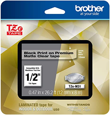 Brother P-touch TZe-M31 Black Print on Premium Matte Clear Laminated Tape 12mm (0.47”) wide x 8m (26.2’) long