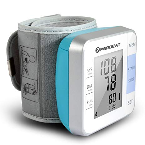Portable Blood Pressure Monitor Wrist Cuff Perbeat Auto Digital Heart Rate Pulse Monitor Kits for Travel and Home Use with FDA Approved, 2 Users Mode, Memory Recall, Fits for Standard, Large Arms.