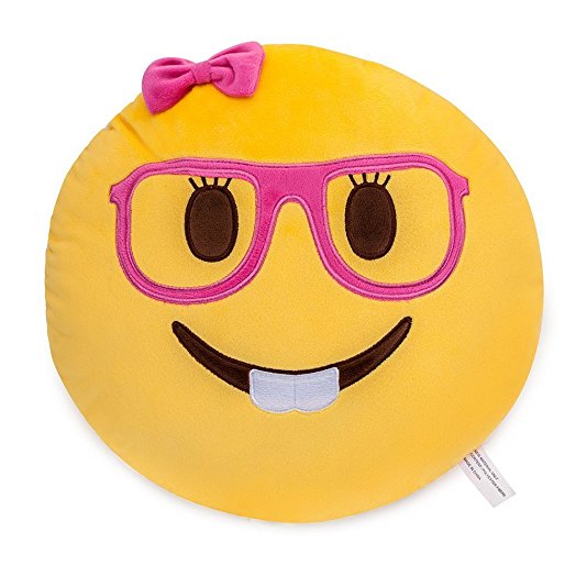 Lady Nerd Face Emoji Soft Stuffed Plush Cushion Pillow - 35x35x8cm Large Emoticon Pillow - Gift for Boys, Girls, Kids & Children