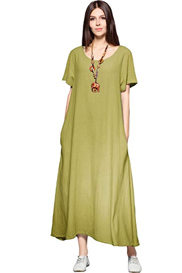 Anysize Side Pockets Linen Cotton Soft Loose Dress Spring Summer Plus Size Clothing F131A