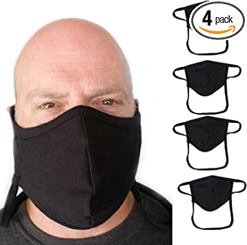 Buttonsmith Black Extra Large Adult Cotton Adjustable Face Mask with Filter Pocket - Pack of 4 - Adult XL - Two Layer Soft T-Shirt Material - Washable - Made in The USA