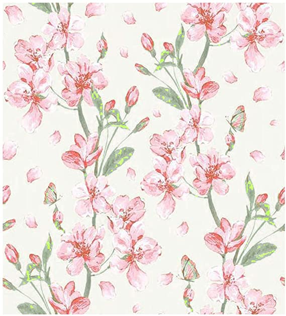 Blooming Wall Peel and Stick Removable Plum Blossom Green Leaves Waterproof Sakura Wallpaper Vinyl Self Adhesive Contact Paper Decorative (14.5 Square Ft/Roll)