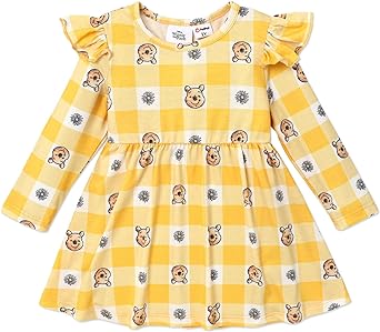 Disney Winnie The Pooh Toddler Girls Dress Print Long Sleeves Ruffled Playwear Dress 2-6 Years