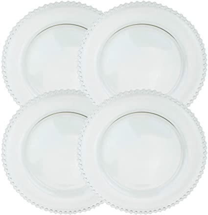 Clear Glass Charger 12.6 Inch Dinner Plate With Beaded Rim - Set of 4 - Clear