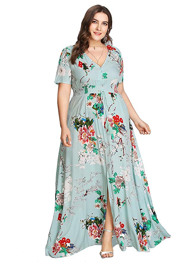 Romwe Women's Plus Size Floral Print Buttons Short Sleeve V Neck Flare Flowy Maxi Dress