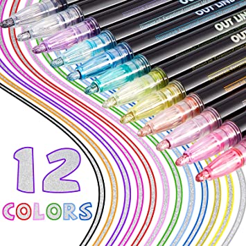 12 Pieces Double Line Outline Pens Markers Metallic Markers Permanent Markers Shimmer Paint Markers Self Outline Markers Colored Marker Pens for Painting, Album, Scrapbook