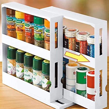 JJAI Multifunction Rotating Jars Spice Rack, Pull Out Kitchen Storage Holder Rack Organizer