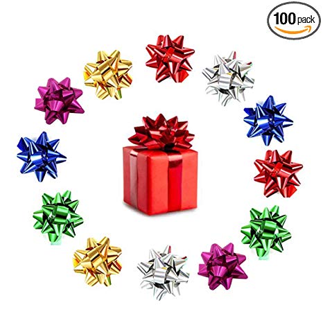 100pcs Mini Gift Bow, Metallic Ribbon Star Bow 1" Inch 25mm Diameter PET PP Plastic Star Bow Box Set Holiday Christmas Birthday Party Decoration (5 Color) (StarBow-5Color)
