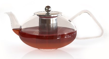 Pontique 40 oz Clear Pyrex Glass Teapot with Stainless Steel Infuser and Perfect Shape Handle for Sturdy Grip. High Quality, Gas Stove Safe