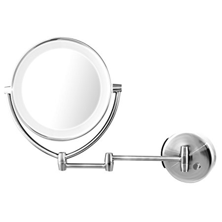 Ovente Wall Mount Mirror, Battery or USB Adapter Operated, Dimmable LED Lighted Makeup Mirror, 1x/7x Magnification, 9.5 inch, Polished Chrome (MLW45CH1x7x)